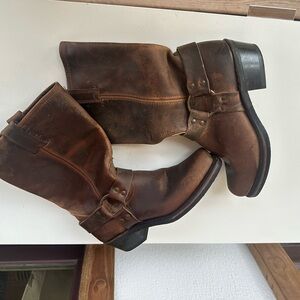 Frye Brown Leather Harness Boots with Black Rubber Sole